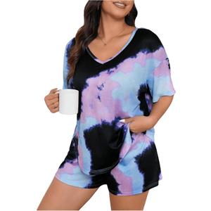 WDIRARA Women's Plus Size Tie Dye Pajama V Neck Short Sleeve and Shorts 2 Piece Nightwear (Purple, XL)