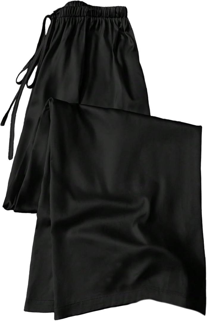 MakeMeChic Women's Satin Wide Leg Pants Silk Drawstring Elastic Waist Long Trousers, Medium