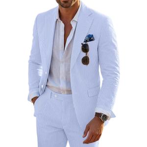 Seersucker Mens Suit 2 Piece Slim Fit Stripe Suits Tuxedo Blazer Jackets Pants Set Summer Beach Wedding Outfit for Men