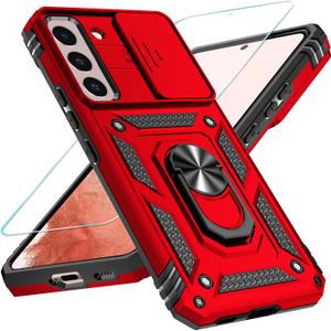 SunStory Phone Case for Samsung Galaxy S22 Plus 5G Case with HD Screen Protector & Slide Camera Cover & Rotated Ring Kickstand, [Military-Grade] [2 in 1] Phone Case for Galaxy S22 Plus 6.6",Red