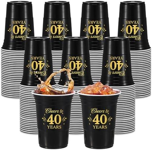 Ziliny 100 Pcs 40th Birthday Cups Bulk, Cheers to 40 Years 16 oz Disposable Plastic Cups for Men Women 40th Birthday Wedding Anniversary Party Favors Decoration Black Gold Hot Cold Drinks Supplies