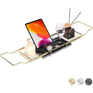 Bathtub Tray Caddy for Luxury Bath Expandable Extra Wide Bath Tub Tray with Natural Marble Tray and Mobile/Tablet Stand, Ideal for Home Spa Lovers (Gold + Black)