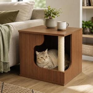 Wooden Cat House Side Table with Storage, Cat Nightstand End Table