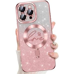 Misscase for iPhone 16 Pro Case Magnetic Glitter with Full Camera Lens Protector,[Compatible with MagSafe] Cute Glitter Bling Sparkly Love Hearts Plating Cover Phone Case for Women Girls-Pink