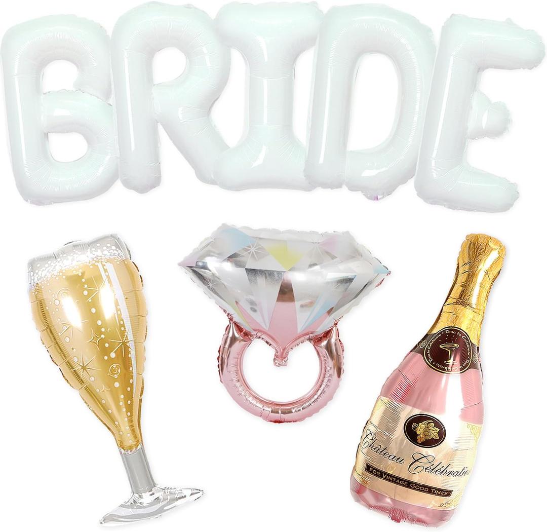 40 inch Bride Balloons White Letters Banner - Bachelorette Party Decorations Kit - Bach Party Supplies and Favors with Ring Balloon, Bottle and Glass Balloon