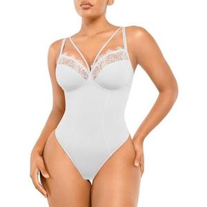 SHAPELLX Women's Shapewear Lace Bodysuit Tummy Control Thong Body Shaper Waist Sculpting V Neck Body Suits XL