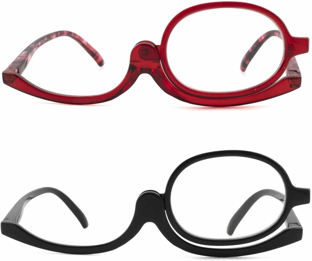 2 Pack Makeup Reading Glasses for Women Flip Down Cosmetic Readers Make Up Eyeglasses Spring Hinge +2.75 (Black + Red)