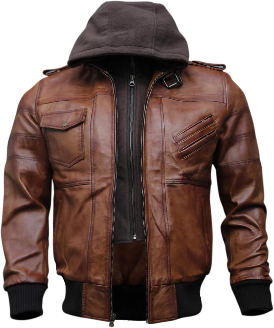 Mens Genuine Black Hooded Bomber Leather Jacket | Real Lambskin Waxed Brown Leather Jackets for Men with Removable Hood (Medium)