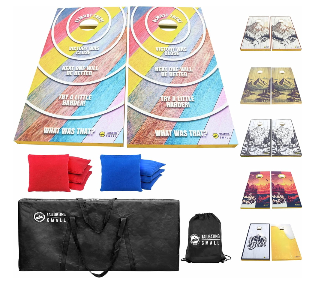 TAILGATING GMALL Cornhole Board Set 4FTx2FT Solid Wood Regulation Size Cornhole Set Includes 8 Cornhole Bags for Adults (Rainbow Motivation)