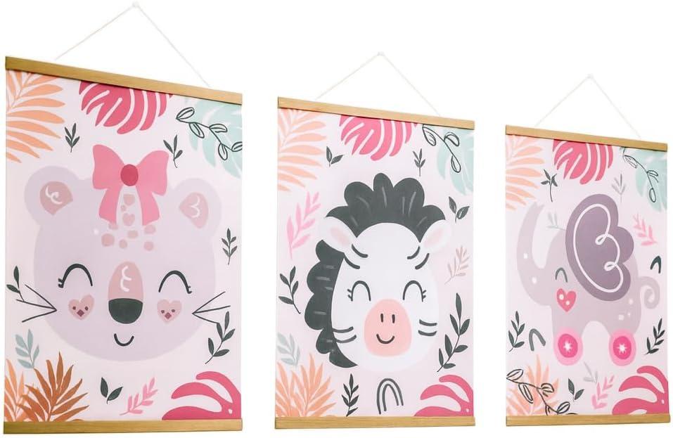 OlliBolli Safari Nursery Decor (3 Pack) - Jungle Baby Wall Decor For Nursery - Boho Safari Wall Art for Boys & Girls - Ready To Hang Design - Woodland Animal Banners (Pink)