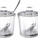 ZEAYEA Set of 2 Clear Glass Sugar Bowl, 6 Ounce Seasoning Box Condiment Pots with Spoon and Lid, Sugar Spice Salt Canister for Home Kitchen, Coffee Bar, Restaurant