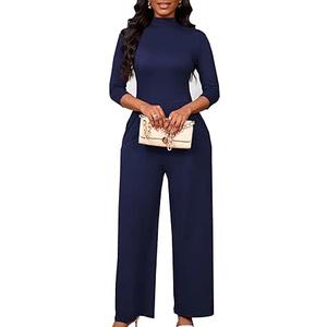 Sexy 3/4 Sleeve Jumpsuit for Women V Neck High Waisted Long Wide Leg Pant Button Down Party Romper with Belt Navy Blue M