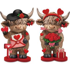 Thyle 2 Pcs Valentine's Day Gift Highland Cow Figurines, Cute Love Couple Cow Statue with Roses and Heart Letter for Romantic Farmhouse Home Shelf Tabletop Decoration Galentine's Day Gifts