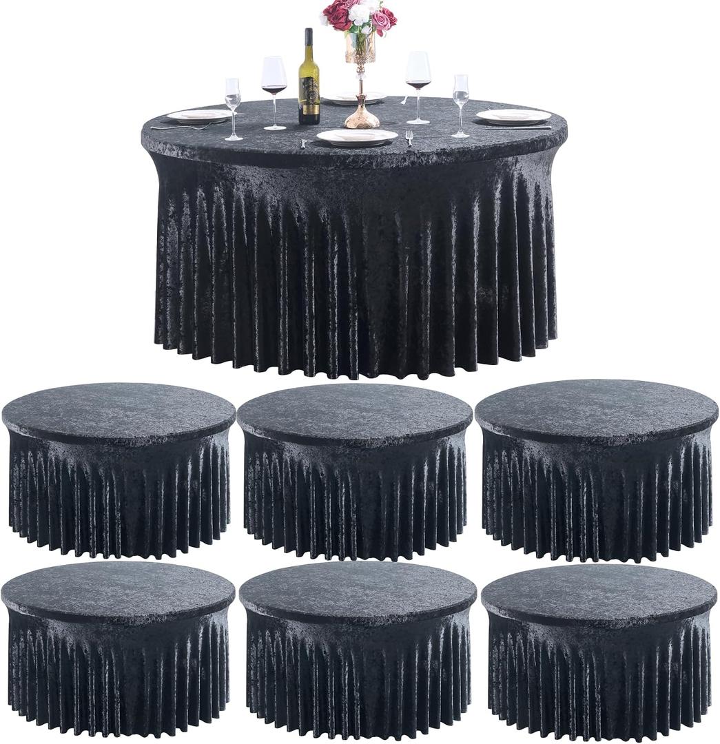 Outpain 6Pack 60 Inch Round Velvet Tablecloths - 120 Inch Stretch Spandex Table Cover with Floor-Length Skirt, Wrinkle-Free Luxury Elastic Table Cloths for Weddings,Banquets,Events (Black), 60in6Pack