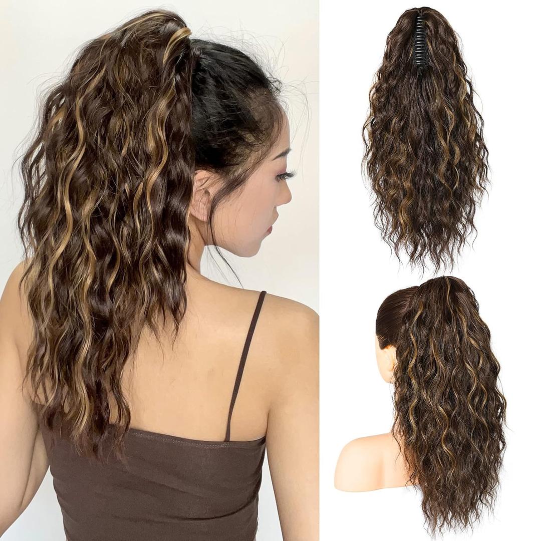SEIKEA 18" Highlight Ponytail Extension, PT002 Tia Claw Long Multi Layered Fluffy Thick Wavy Jaw Clip in Fake Pony Tails Fake Hair Soft Natural Hairpiece Chocolate Brown Caramel Blonde Highlights