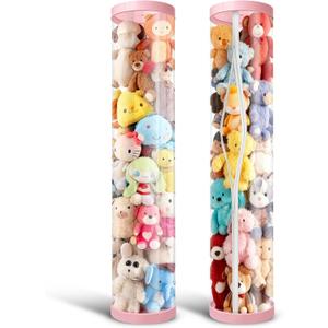 2 Pack Stuffed Animal Storage Tube - Clear 60 inch Large Vertical Toy Organizer, PET Transparent Display Holder for Plushies, Stuffed Animals Zoo for Playroom, Living Room, Bedroom (Pink)