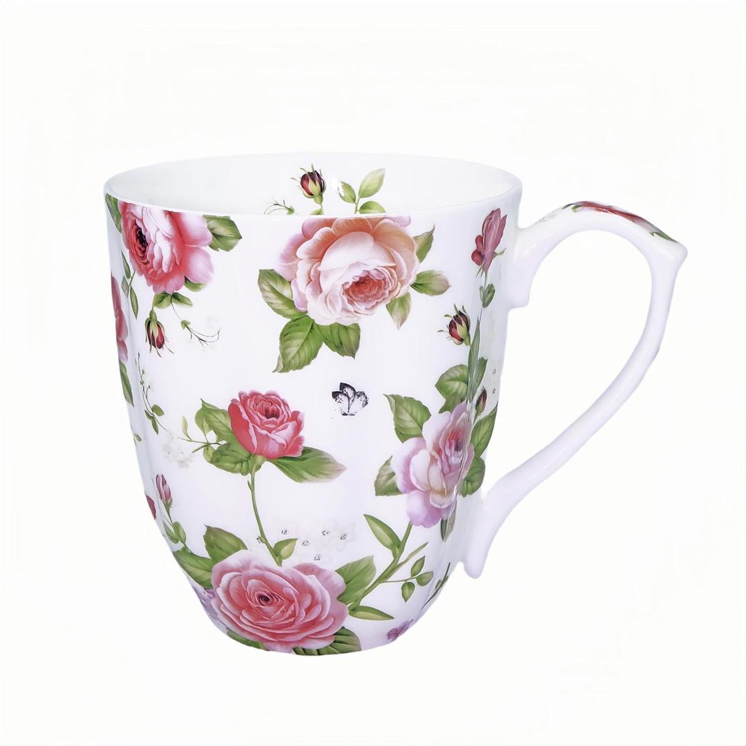 Glen Mila 13oz Cute Coffee Mug for Women Bone China Coffee Mug Cute Mugs Christmas Mugs birthday Gifts for Mom Friends (Garden white rose mug)