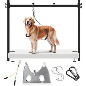 H Shape Dog Grooming Arm for Table, L Size Hammock, 42" H, 31-43" W | Heavy Duty, Adjustable Grooming Stand, Clamp Fits up to 2.76", with Hammock & 2 Nooses for Home Grooming & Nail Trimming