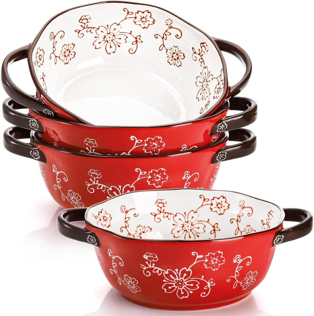 AVLA 4 Pack Ceramic Soup Bowls, 22 Ounces Porcelain Serving Bowl Set with Doundle Handle, Large Ceramic Crocks for French Onion Soup, Stew, Pasta, Cereal, Pot Pies (Red)