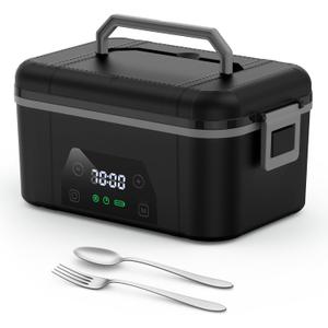Cordless Heated Lunch Box, Smart Timer Automatic Heating Food Warmer for Adults, 5.5-Cup Portable Electric Lunch Container with Handheld Insulated Bag（Dark Black）