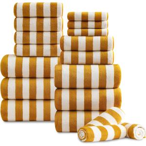 Oliven 18 Pcs Yellow Cabana Stripe Family Towels Set-6 Bath Sheets,6 Hand Towels,6 Washcloths Soft Jumbo Bathroom Towels Absorbent Shower Towel Quick Dry Beach Chair Towel Spa Gym Hotel Towel Set