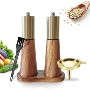 Gold Salt and Pepper Grinder Set,Wooden Pepper Grinder, Manual Salt and Pepper Mill,Adjustable Thickness,Stainless Steel Top,Suitable For Kitchen,Barbecue,Picnic,2 Packs for Refillable Pepper Grinder