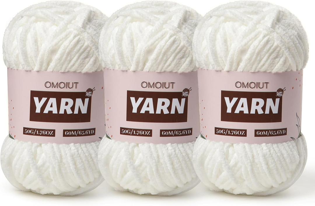 3 Packs Plush Chenille Chunky Crochet Yarn - Baby Yarn for Crocheting Soft - Velvet Yarns Knitting for Blankets Crafts - Fluffy Amigurumi Yarns 150g / 196.8yds (3 Snow White)