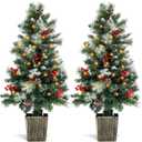2 Pack 4FT Entrances Christmas Trees for Porch Pre Lit Artificial Pathway Potted Xmas Tree with 100 LED Lights 8 Mode Remote Control Berries Pine Cones for Front Door Driveway Yard Outdoor