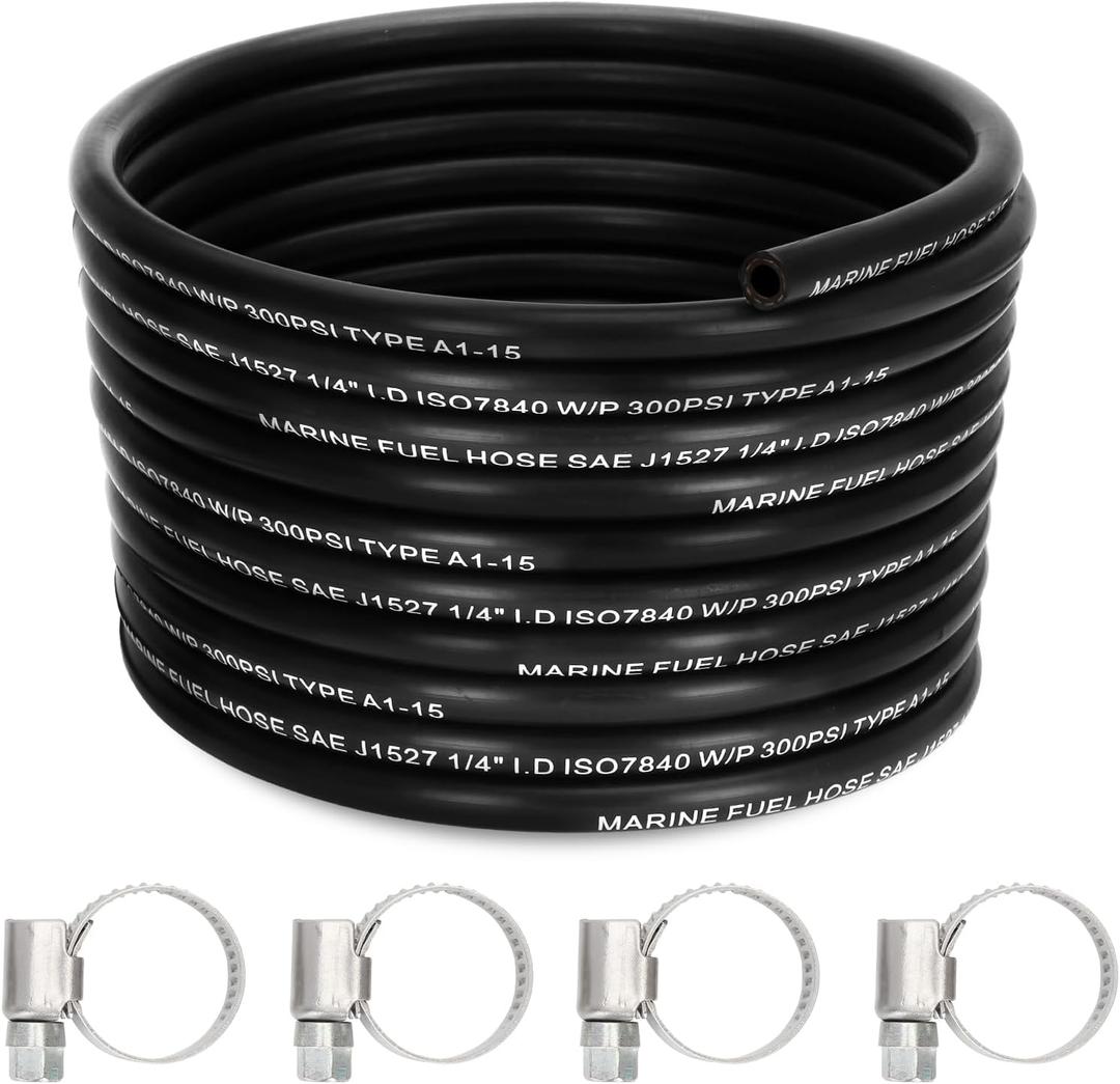 1/4" Marine Fuel Line Hose - 25 FT SAE J1527 Type A1-15 Rubber Fuel Line for Boats, Outboards & Marine Engines