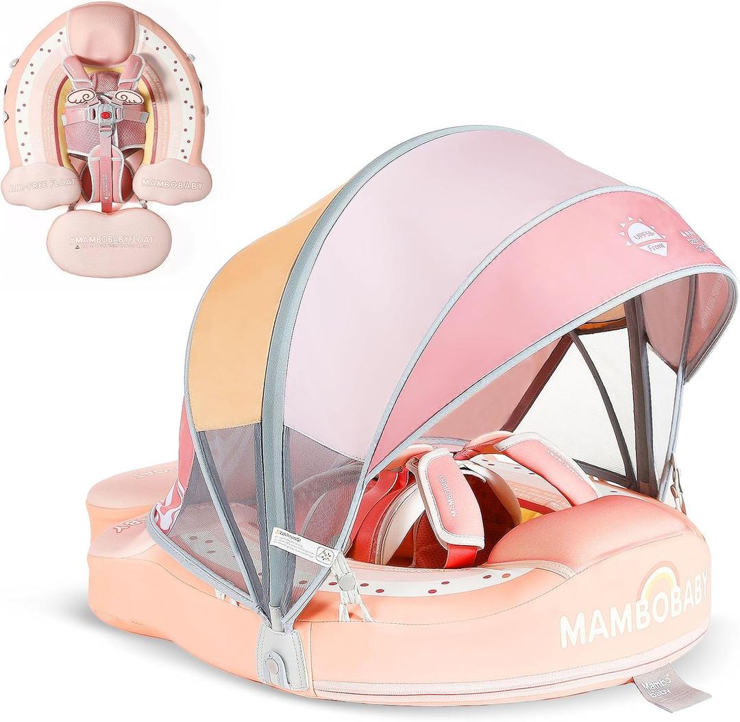 Mambobaby Baby Pool Float with Canopy, Non-Inflatable Infant Floats with Tail Solid Upgrade Soft Waterproof Skin-Friendly Mambo Baby Swimming Float for 3-24 Months Baby Boys Girls (Rainbow)