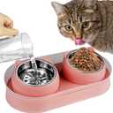Elevated Cat Food Bowls, Raised Cat Bowl with Stand Stainless Steel, Tilted Bowls Anti Vomiting, Double Cats Food and Water Bowl Set for Cats (Pink)