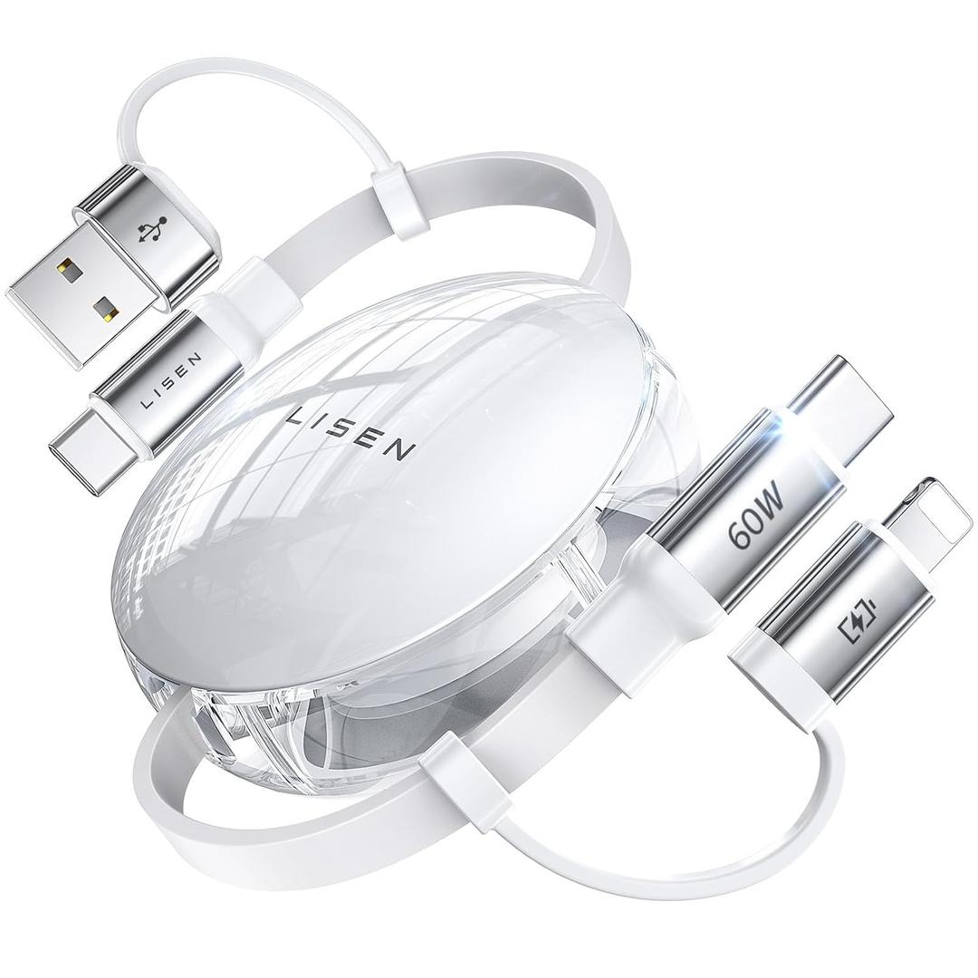 LISEN 5 in 1 Retractable Charging Cable, 60W Multi Charging Cable with USB-C/A/L Ports, Retractable Chargers for Multiple Devices, iPhone 17/16/15/14/13/12/11 Pro/Max, Galaxy S25/S24/S23, iPad Pro/Air