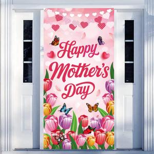 Happy Mothers Day Door Cover, Mothers Day Decorations Front Door Banner, Pink Floral Door Cover for Mother's Day Party Supplies, 71 x 35 Inch