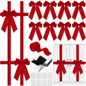 8 Pcs Velvet Christmas DIY Cabinet Ribbons Bows Large Christmas Door Ribbon Cabinet Bows with 20 Meter Velvet Ribbons for DIY Xmas Kitchen Cabinets Decor Gift Wrapping Decorations (Red)