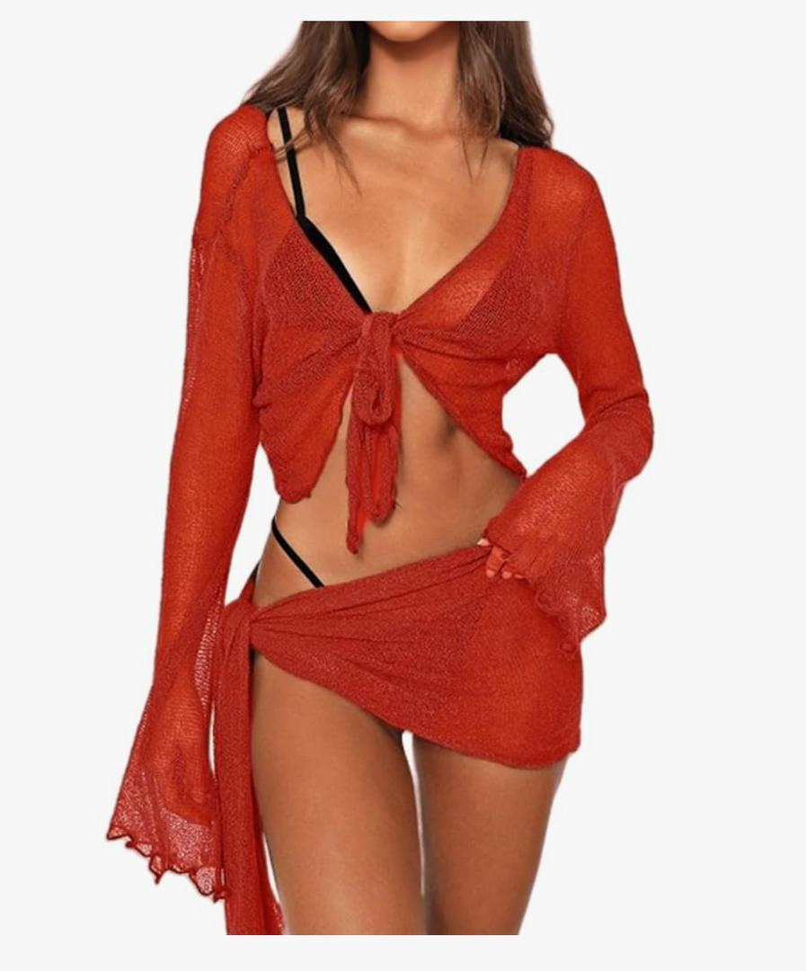 Women's 2 Pieces Outfits Mesh Perspective Suit Swimming Beach Long Sleeve Crop Top and Mini Skirt Set small