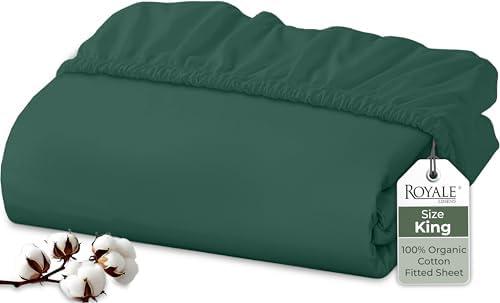Royale Linens 100% Organic Cotton Fitted Sheet - Percale Weave - Super Soft Deep Pocket Bottom Sheets - Elastic Sheet King Size - King Fitted Sheets Only - (78"x80"+15", Hunter Green)