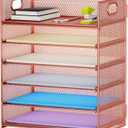 Marbrasse 6 Tier Paper Organizer Letter Tray - Mesh Desk File Organizer with Handle, Paper Sorter Organizer for Letter/A4 Office File Folder Holder - Rose Gold