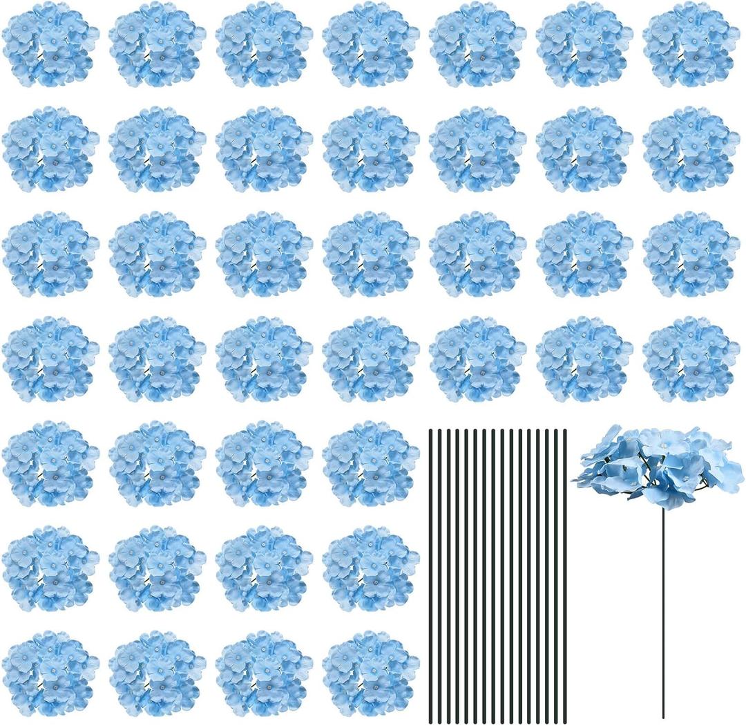 MECCANIXITY Silk Artificial Hydrangea Flowers, Light Blue Artificial Flowers Heads with Stems, Full Hydrangea Flowers for Wedding Centerpieces, Party Decoration 30 Set