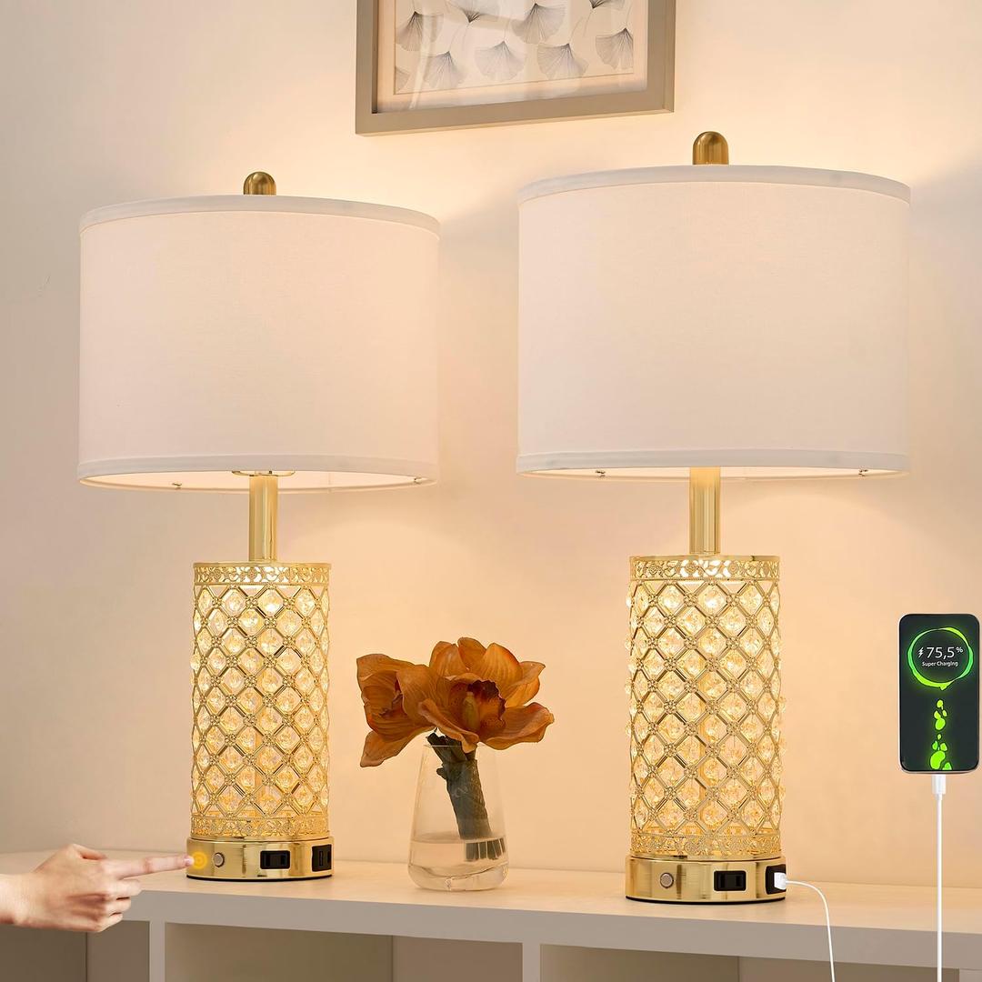 24" Modern Crystal Table Lamp Set of 2-Gold Bedroom Lamps 3-Way Dimmable Touch Lamp with Night Light, 2 USB Ports + AC Outlet Bedside Night Stand Lamp for Living Room Office (Gold-2 Pack)