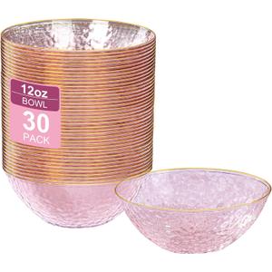 I00000 30 Pack 12 Ounce Pink Plastic Bowls Hammered Clear Bowl with Gold Rimmed, Heavy Duty Disposable Bowl Set,Elegant Salad/Dessert/Ice Cream Small Bowls for Thanksgiving Party, Weddings, Catering