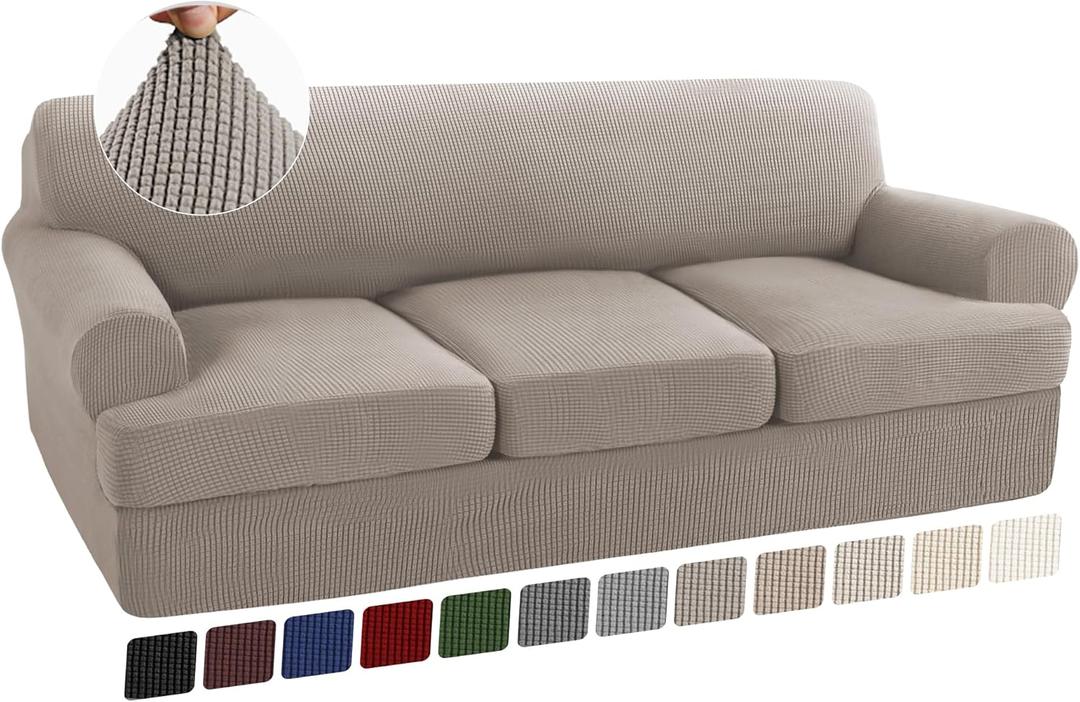 Turquoize 4 Piece T Cushion Sofa Slipcovers Stretch Couch Cover Furniture Covers with 3 Individual T Cushion Covers, Machine Washable (3 Cushion Sofa, Taupe)