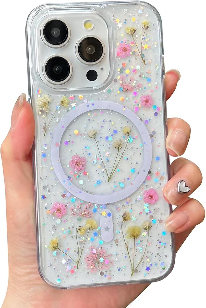 Cute Real Flowers for iPhone 15 Pro Max Case, Compatible with MagSafe,Clear Glitter Magnetic Cover with Pressed Dry Floral Women Girly Phone Case for iPhone 15 Pro Max 6.7" - Sparkly