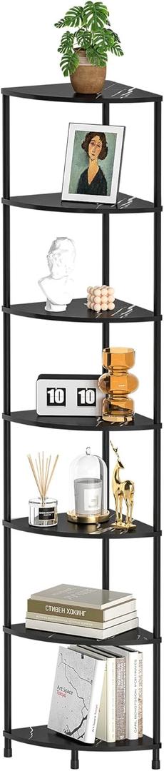 Greatseas Book Corner Shelf, 7 Tier Corner Bookshelf Display for Living Room Decor, 64.7" Standing Shelf Bookcase Organizer, Marble Black Storage Shelves for Bedroom, Bathroom, Small Space
