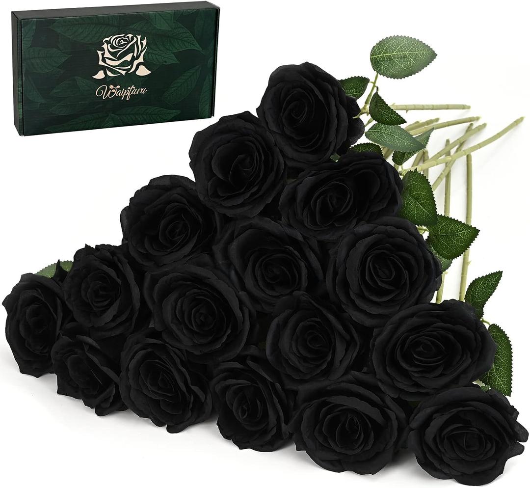 Waipfaru 16 Pcs Artificial Flowers Fake Silk Black Roses Bulk, Faux Real Touch Roses Bouquet with Long Stem for Wedding Party Home Decor (Black)