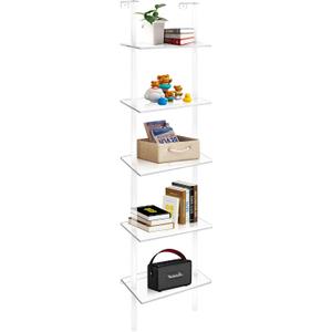 Acrylic Ladder Bookshelf 9.5" D x 15.6" W x 73" H Clear Bookcase Narrow Display Shelf for Small Space Wall Mounted Storage Rack for Living Room Bedroom Cloakroom Bathroom (5-Tier)