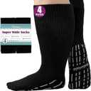 Bulinlulu Extra Width Socks for Swollen Feet-4 Pairs Hospital Grip Socks,Bariatric Socks,Diabetic Socks for Women Men 13-15 (One Size, Black)
