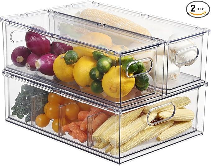 Bronkeeper Pull Out Clear Fridge Organizer Drawers with Drainer, Refrigerator Stackable Storage Bins for Kitchen Fruit & Veggie Organization (Complete Set)