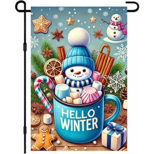 IVN Hello Winter Garden Flag 12x18 In Double Sided Polyester Snowman Yard Banner Christmas Outdoor Decor Cute Hot Cocoa Decoration Holiday Lawn Sign Rustic Blue Porch Flag for Patio Path or Garden