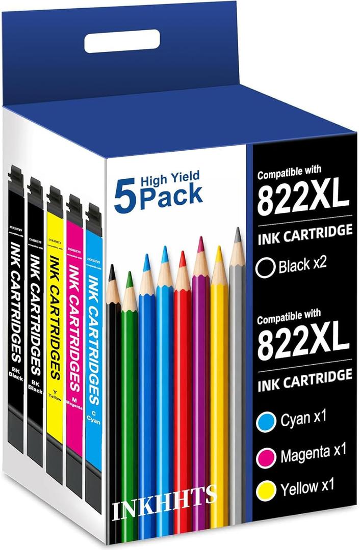 Remanufactured for 822XL Ink Cartridge Replacement for Epson 822XL Ink Cartridges Combo Pack for 822 XL Latest Chip Printer Ink to use with WF-3820 WF-4820 WF-3823 WF-4833 WF-4830 (5 Pack) (2 Black 1 Cyan 1 Magenta 1 Yellow)