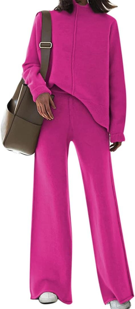 Fixmatti Women Sweater Set 2 Piece Knit Sweatsuit Turtleneck Sweater Top and Wide Leg Pant Lounge Outfits (Medium, Y-rose Red)
